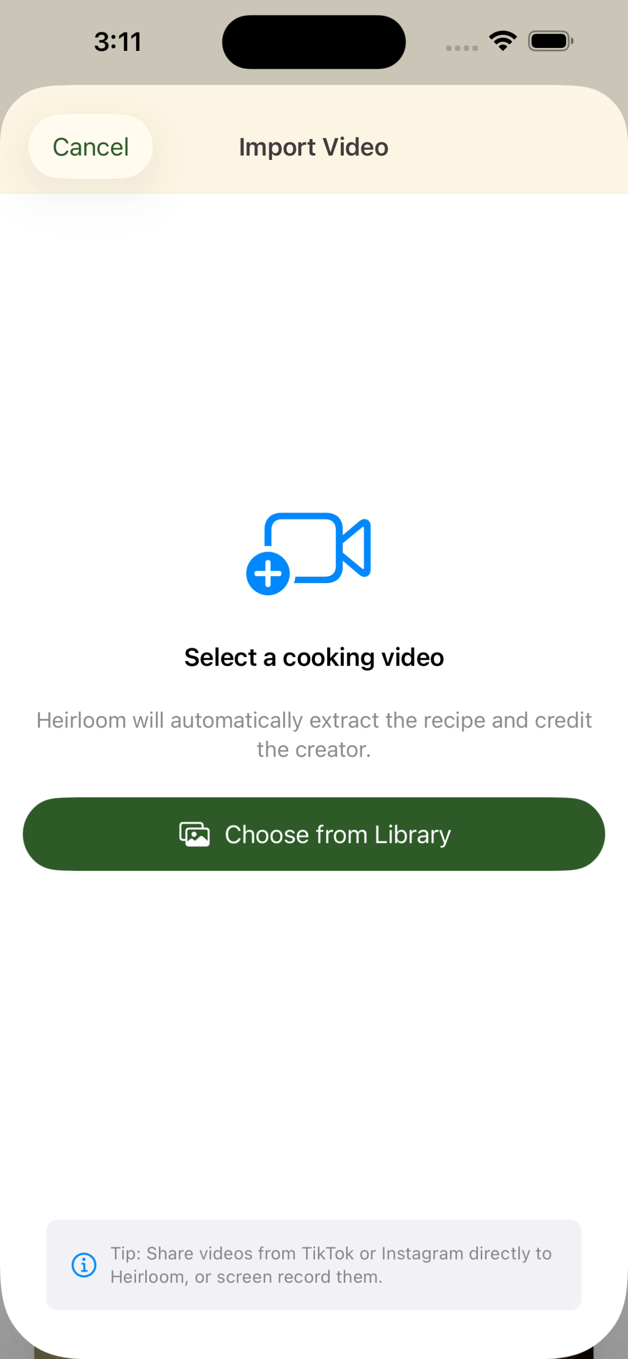 Importing a cooking video into Heirloom