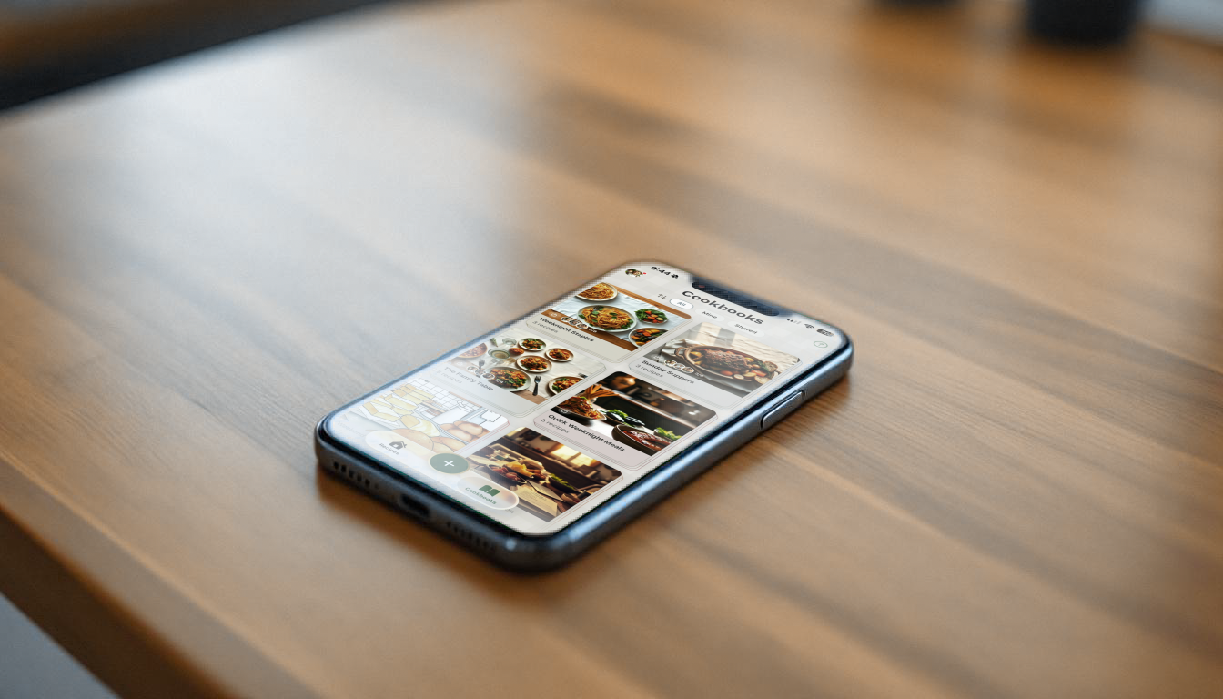 A phone on a wood table showing the Heirloom cookbooks library