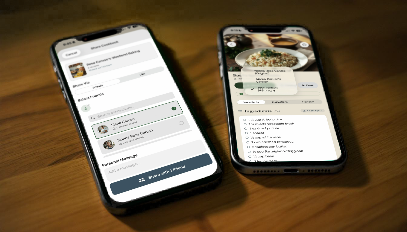 Two phones on a wooden table, sender and recipient lineage view