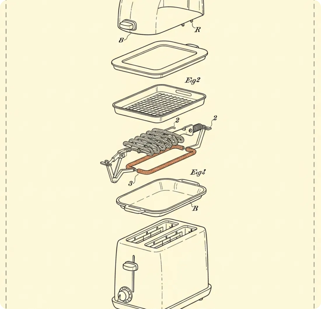 An exploded technical diagram of a two-slice toaster in vintage patent-drawing style: from the top, the outer shell, a crumb tray, a wire rack, the coiled heating-element assembly on its sprung frame, the base pan, and the toaster body with its browning dial.